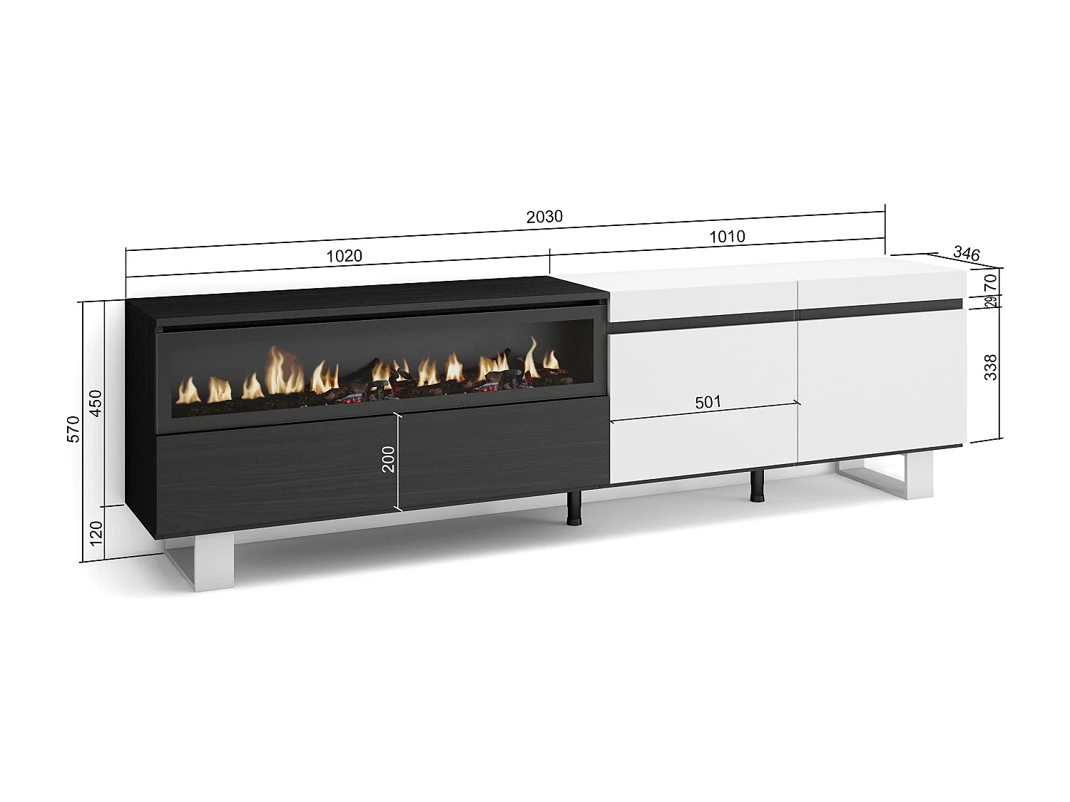 Meuble TV, Banc Télé, 200x35x57cm, Pour les TV jusqu'à 80", Cheminée électrique, Design industriel, Blanc et noir