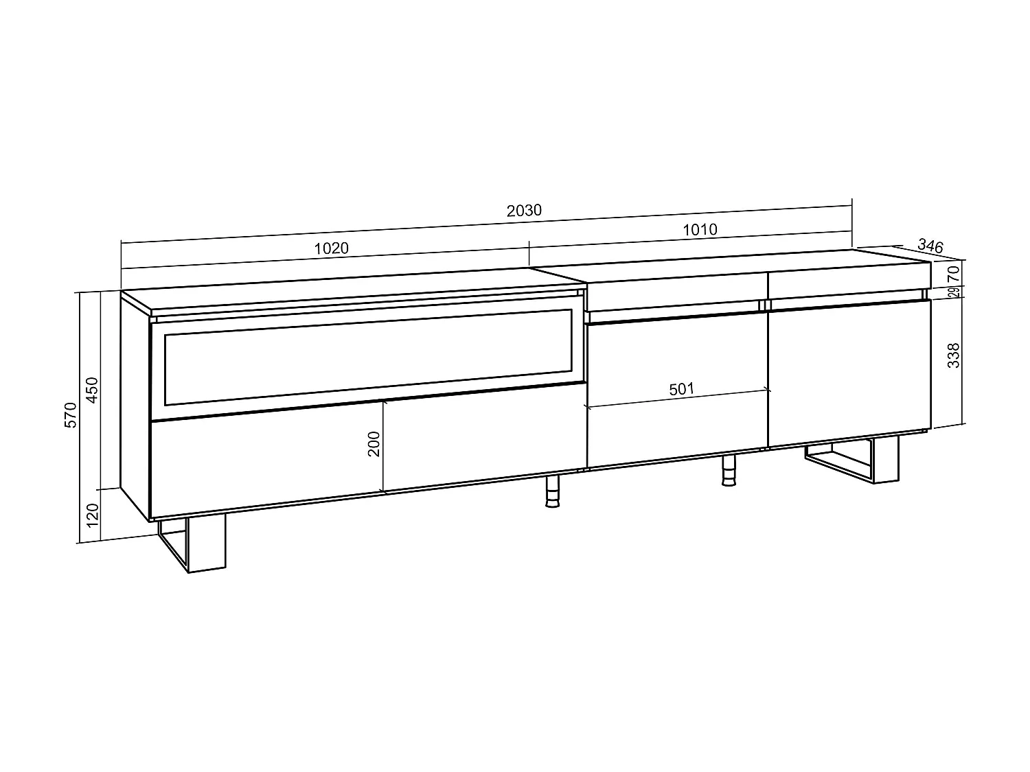 Meuble TV, Banc Télé, 200x35x57cm, Pour les TV jusqu'à 80", Cheminée électrique, Design industriel, Blanc et noir