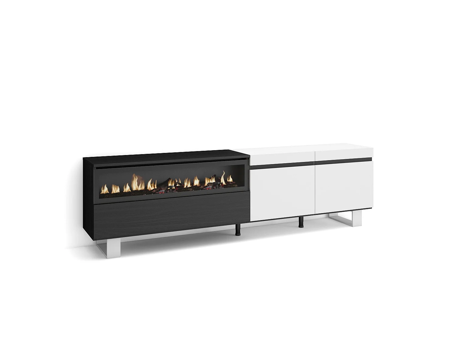 TV-Meubel, Lowboard, 200x35x57cm, Voor tv's tot 80", Elektrische haard, Industrieel design, Wit en Zwart