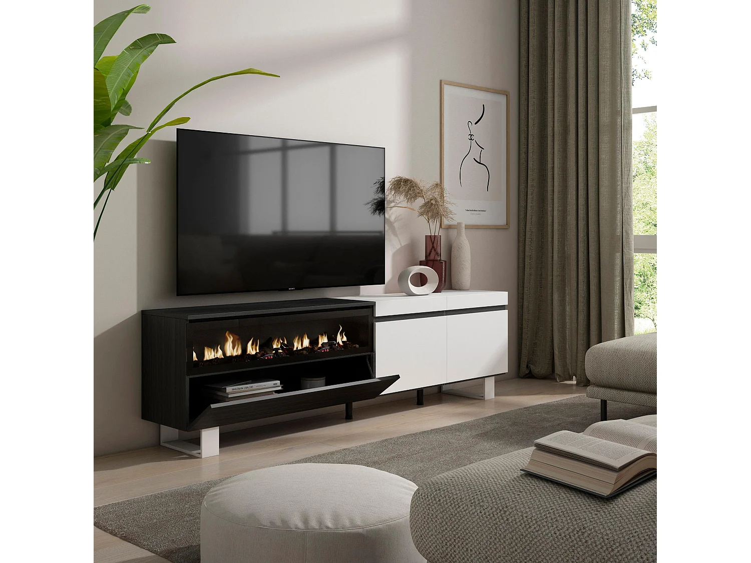 TV-Meubel, Lowboard, 200x35x57cm, Voor tv's tot 80", Elektrische haard, Industrieel design, Wit en Zwart