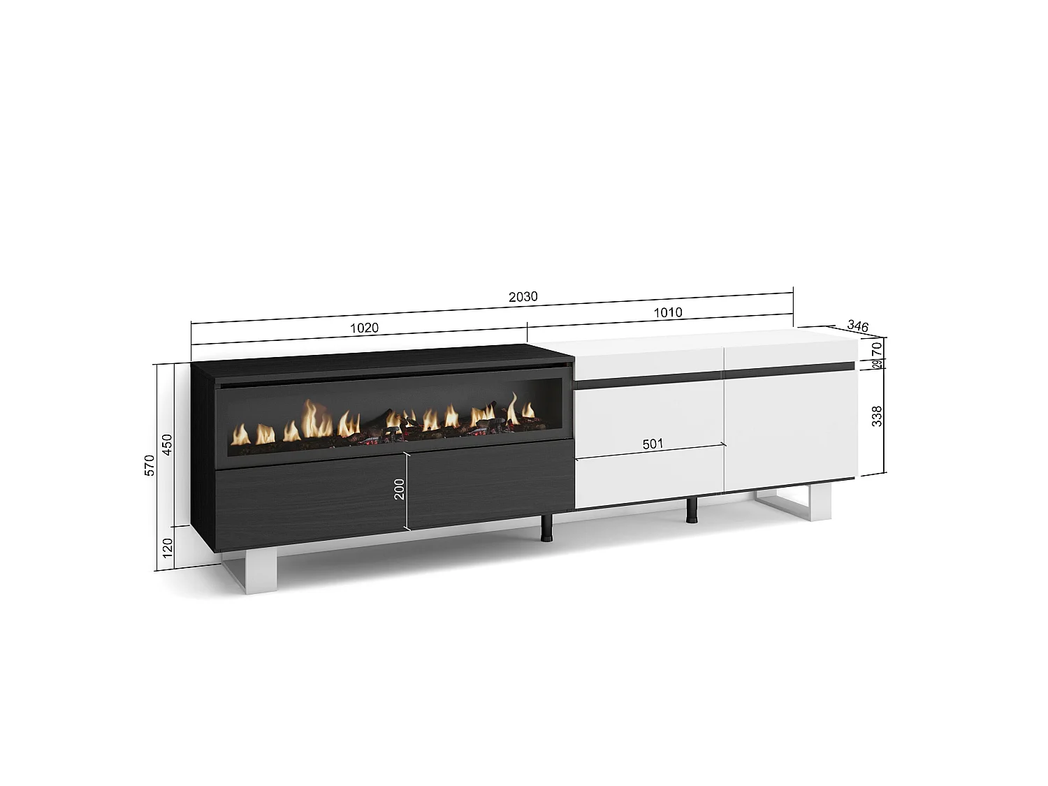 TV-Meubel, Lowboard, 200x35x57cm, Voor tv's tot 80", Elektrische haard, Industrieel design, Wit en Zwart