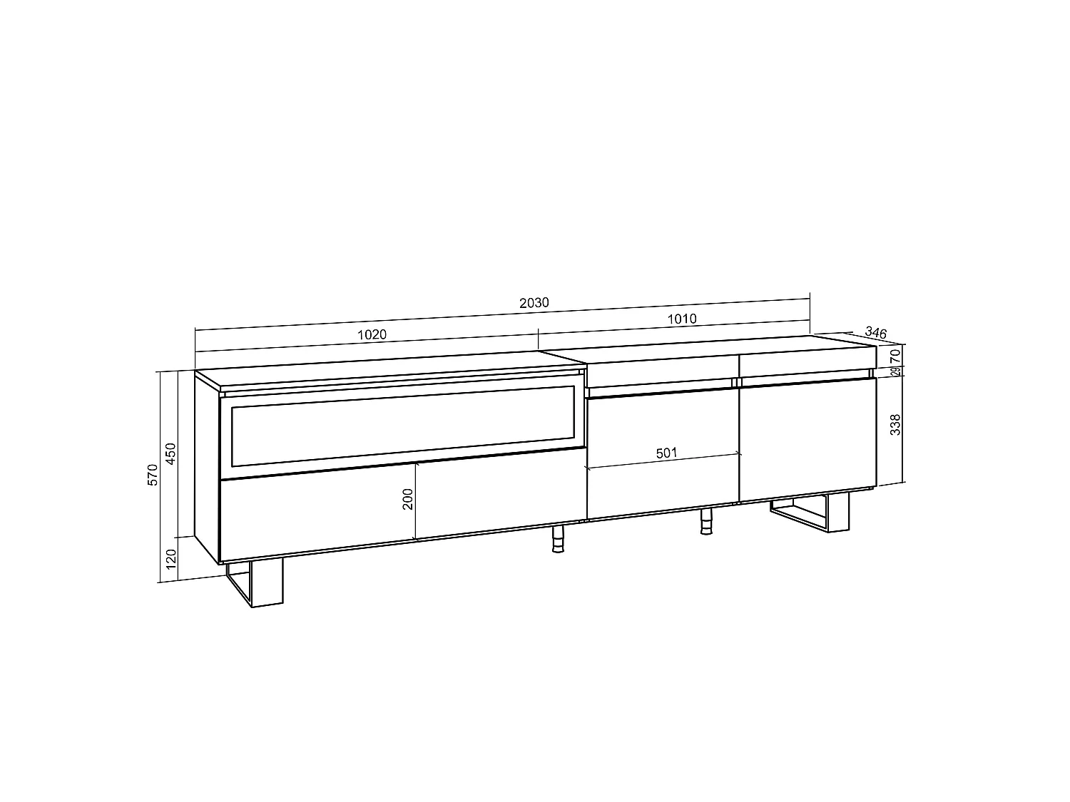 TV-Meubel, Lowboard, 200x35x57cm, Voor tv's tot 80", Elektrische haard, Industrieel design, Wit en Zwart