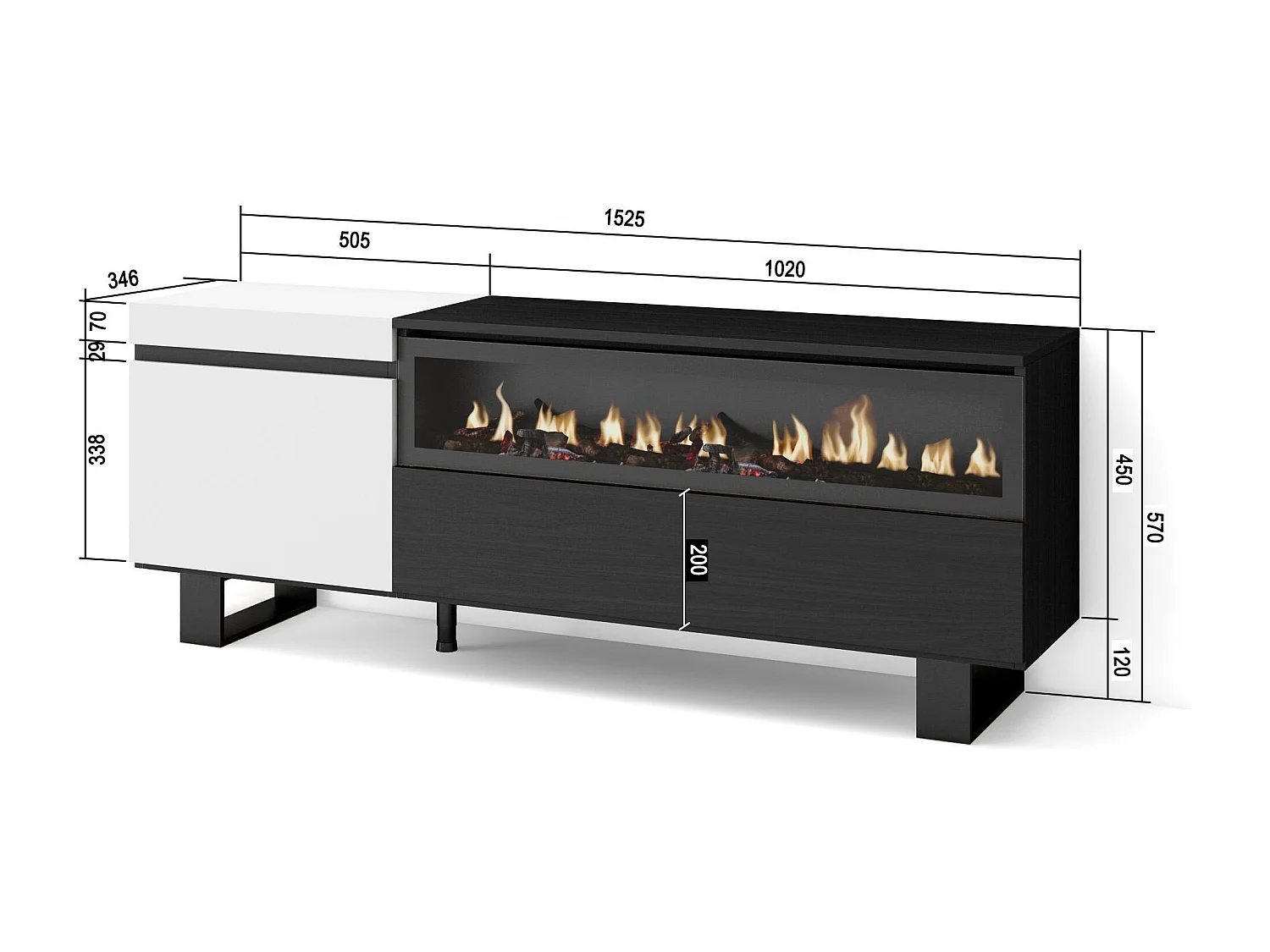 TV-Meubel, Lowboard, 150x35x57cm, Voor tv's tot 65", Elektrische haard, Industrieel design, Wit en Zwart