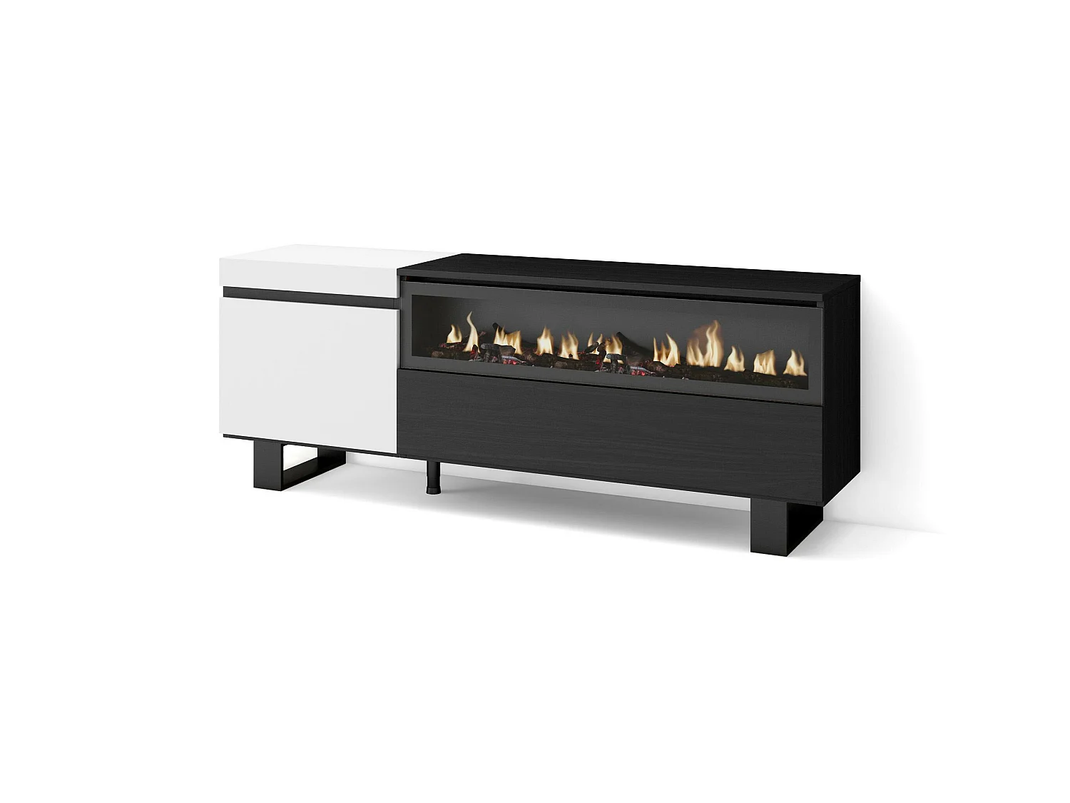 Meuble TV, Banc Télé, 150x35x57cm, Pour les TV jusqu'à 65", Cheminée électrique, Design industriel, Blanc et noir