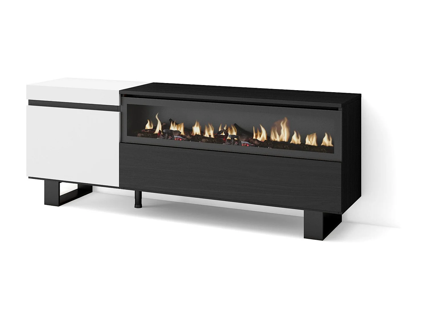 Meuble TV, Banc Télé, 150x35x57cm, Pour les TV jusqu'à 65", Cheminée électrique, Design industriel, Blanc et noir