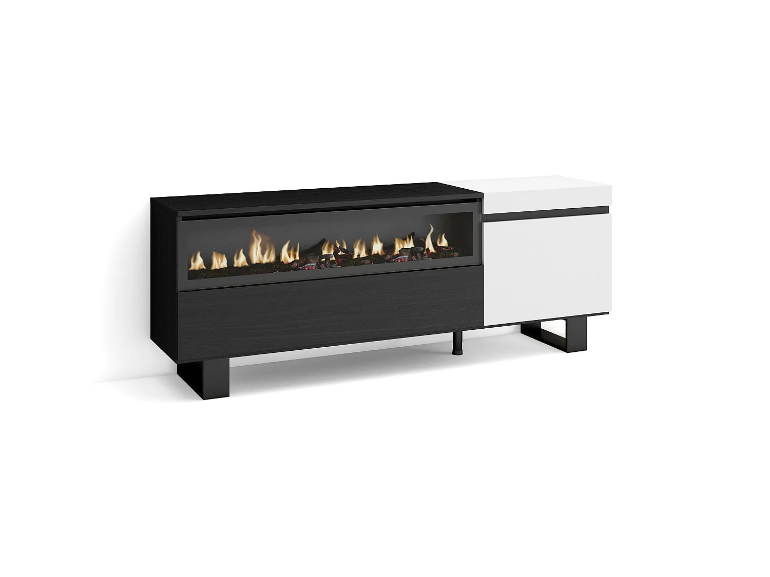 Meuble TV, Banc Télé, 150x35x57cm, Pour les TV jusqu'à 65", Cheminée électrique, Design industriel, Blanc et noir