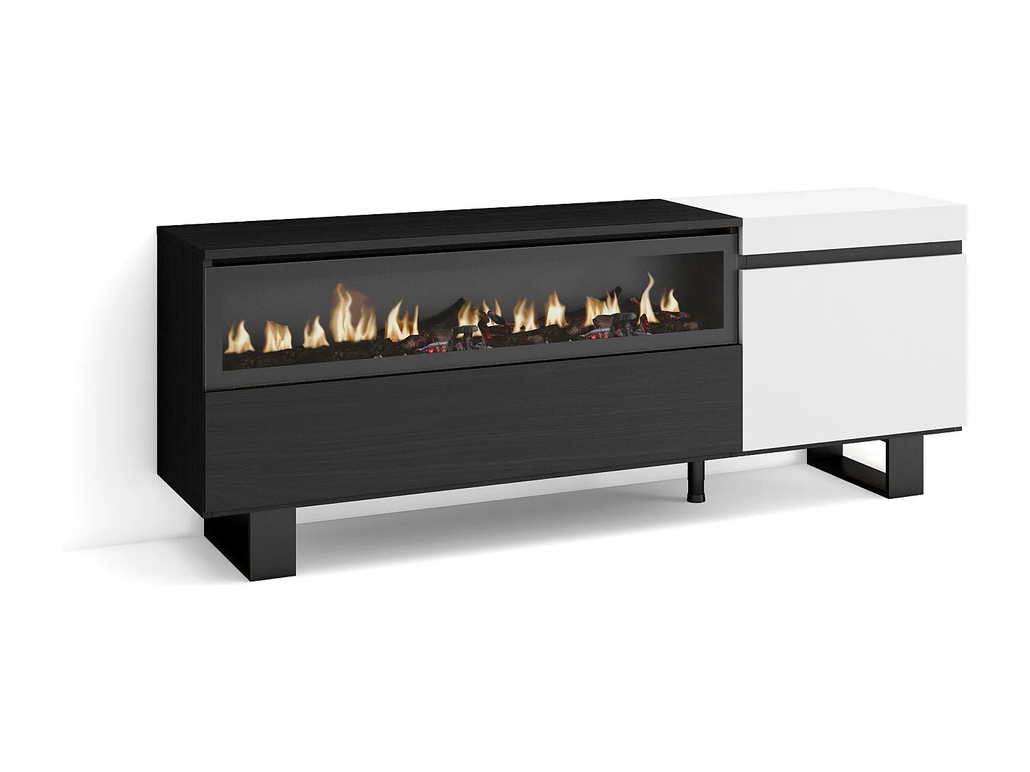 Meuble TV, Banc Télé, 150x35x57cm, Pour les TV jusqu'à 65", Cheminée électrique, Design industriel, Blanc et noir