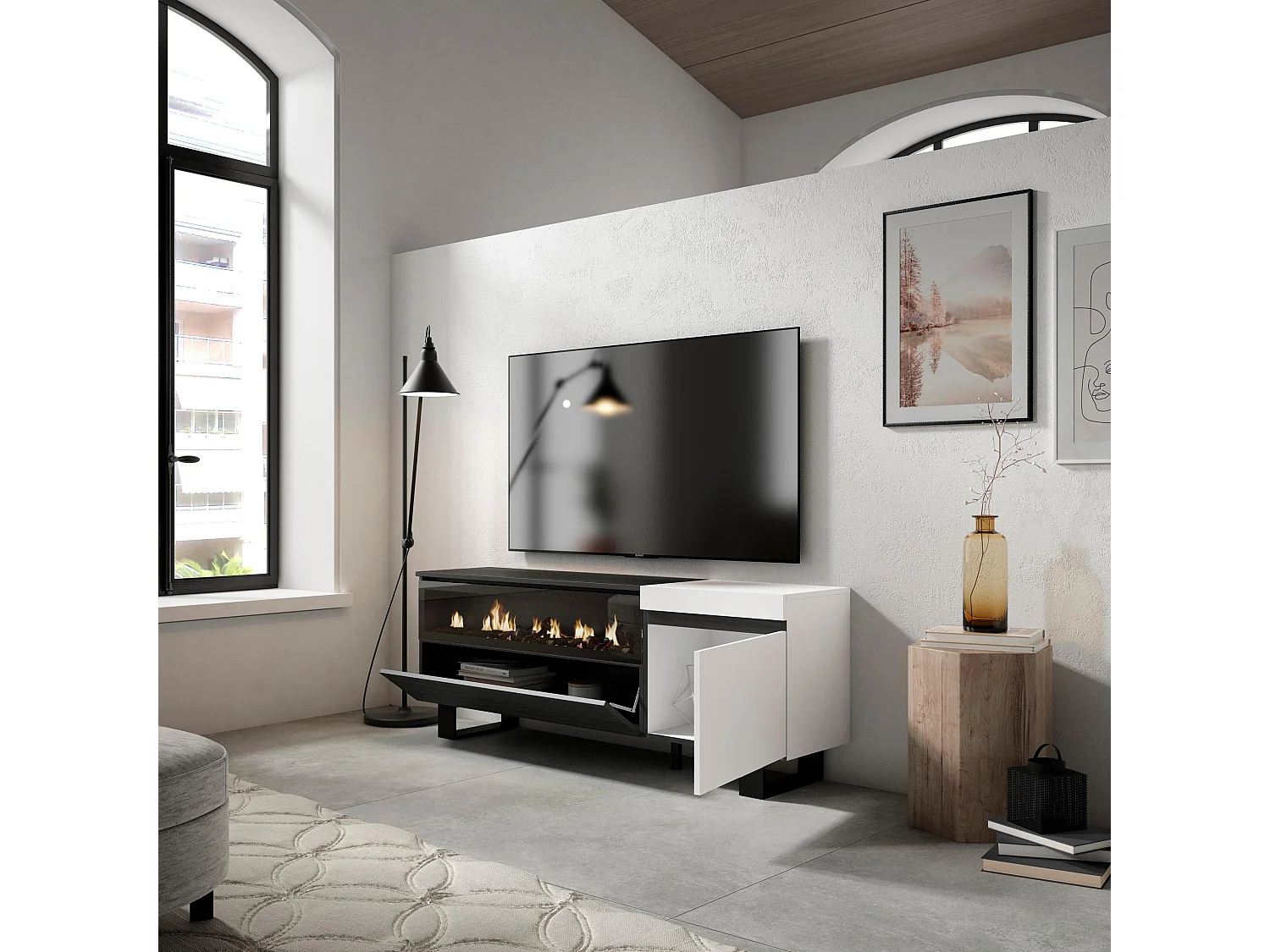 Meuble TV, Banc Télé, 150x35x57cm, Pour les TV jusqu'à 65", Cheminée électrique, Design industriel, Blanc et noir