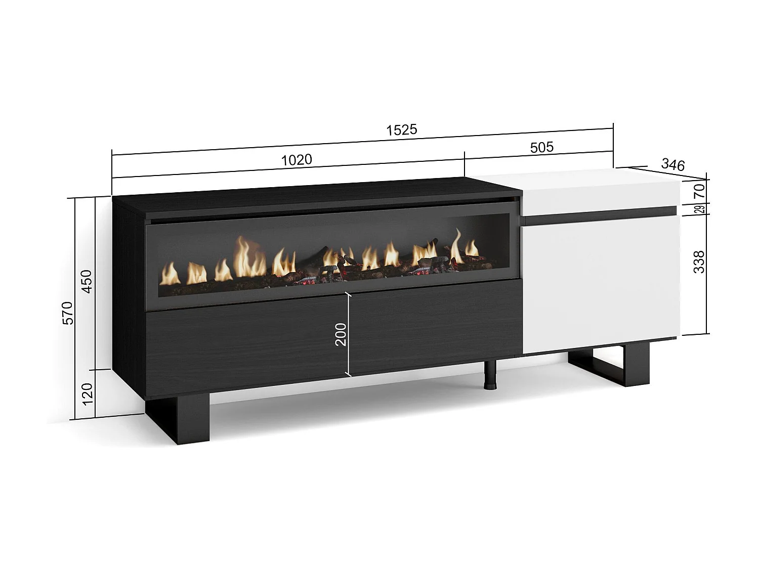 Meuble TV, Banc Télé, 150x35x57cm, Pour les TV jusqu'à 65", Cheminée électrique, Design industriel, Blanc et noir