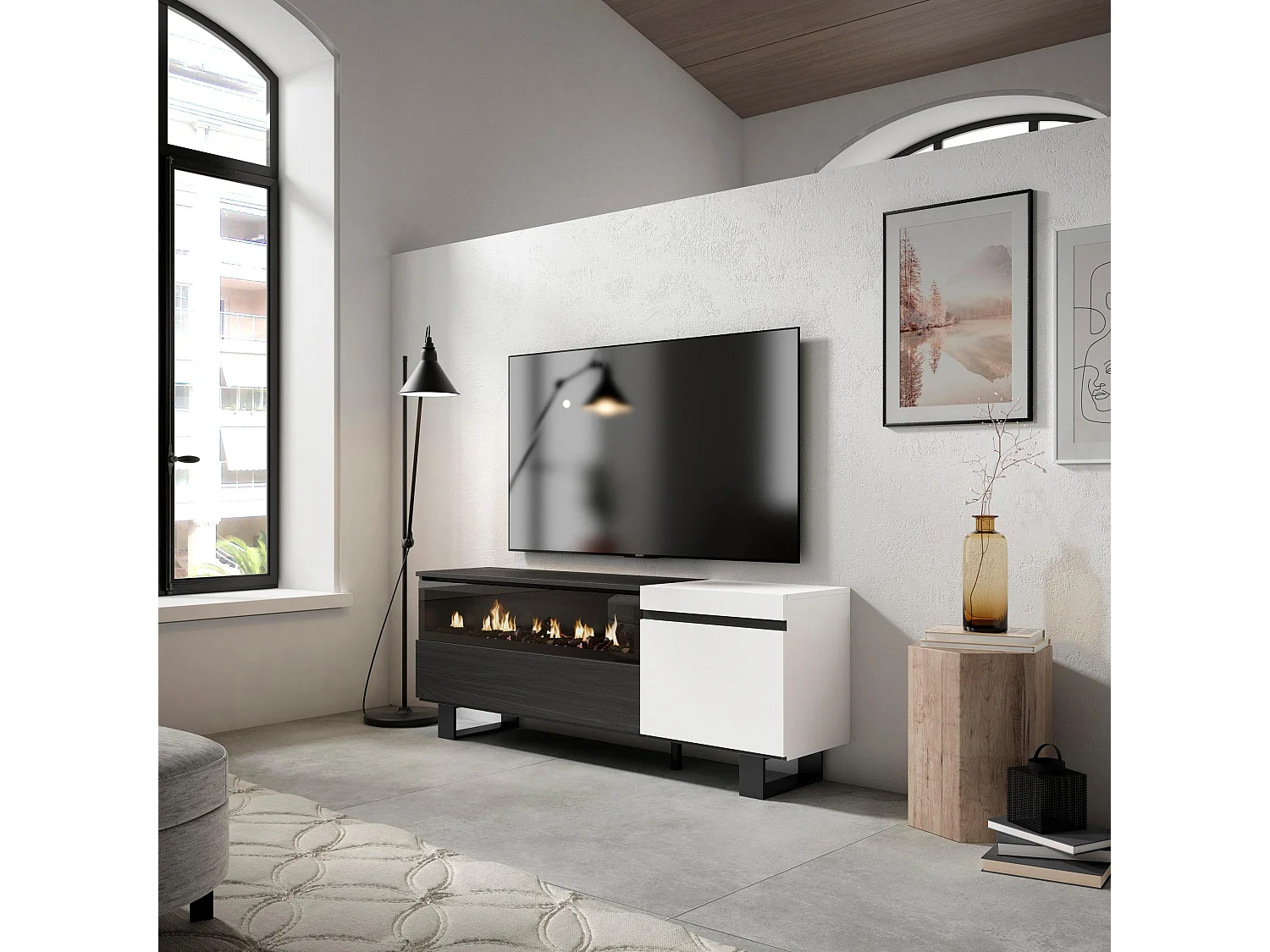 Meuble TV, Banc Télé, 150x35x57cm, Pour les TV jusqu'à 65", Cheminée électrique, Design industriel, Blanc et noir