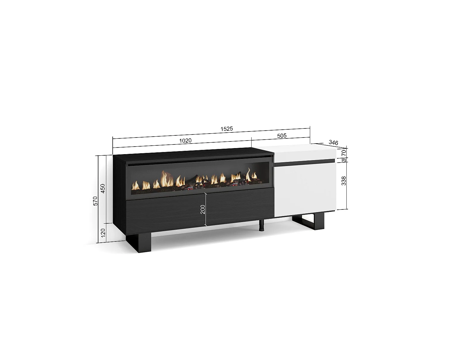 Meuble TV, Banc Télé, 150x35x57cm, Pour les TV jusqu'à 65", Cheminée électrique, Design industriel, Blanc et noir
