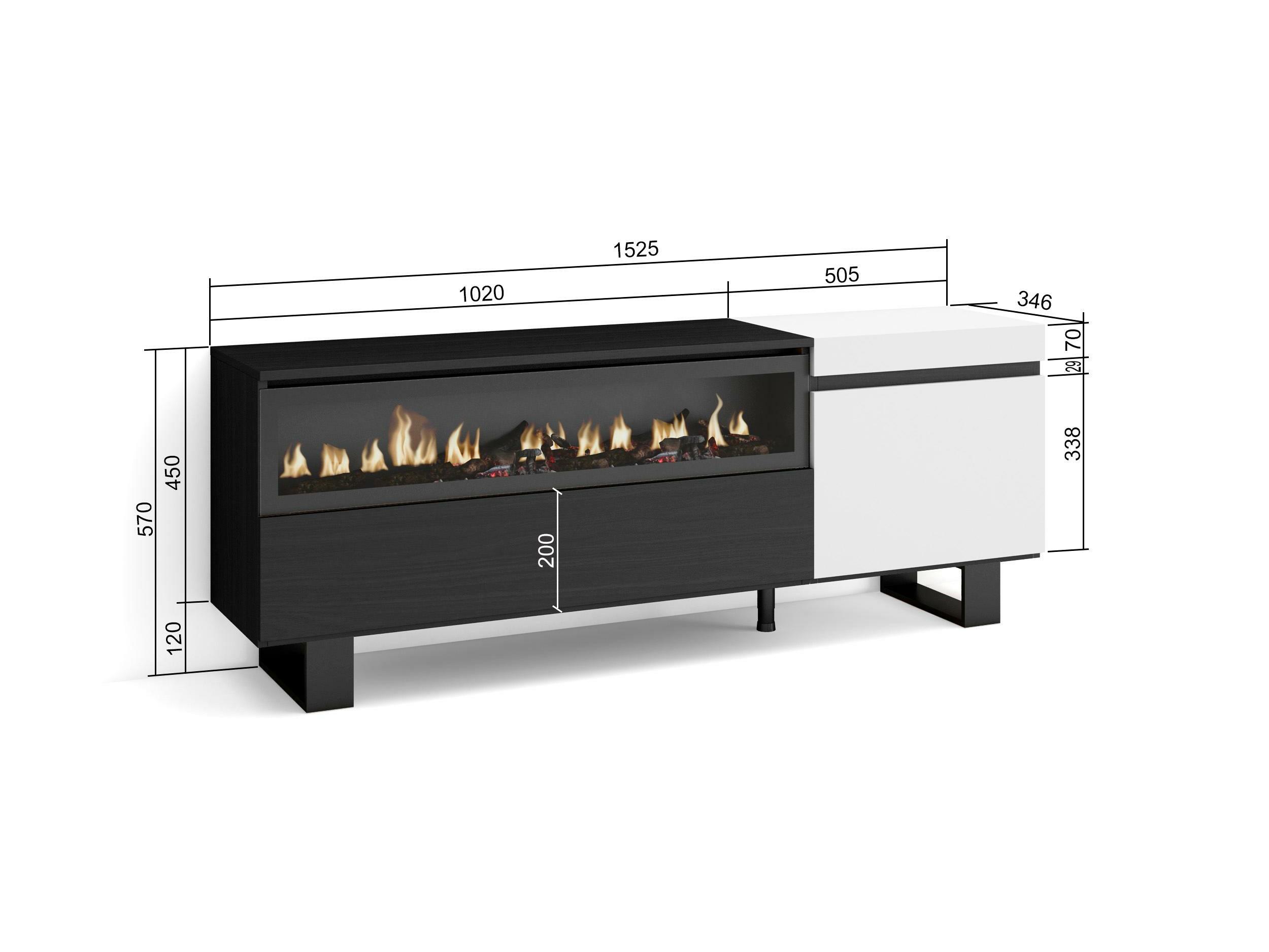 Mueble TV, Televisión, 150x57x35cm, Para TV hasta 65, Chimenea eléctrica,  Diseño industrial, Roble y negro