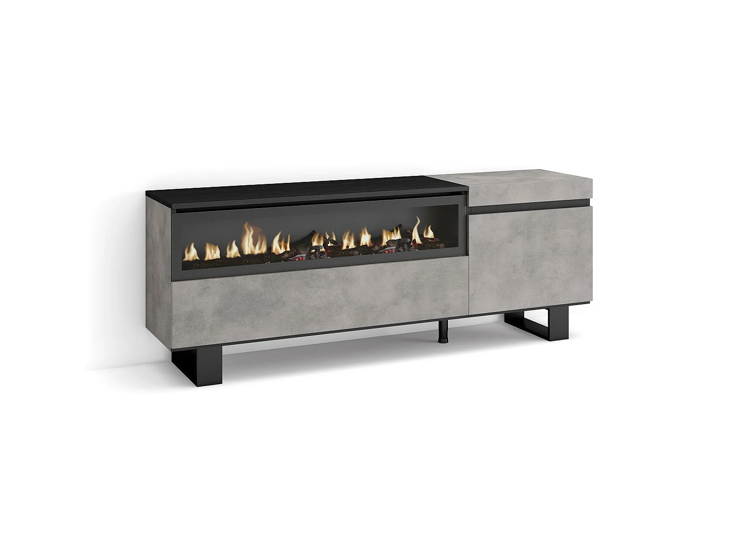 Meuble TV, Banc Télé, 150x35x57cm, Pour les TV jusqu'à 65", Cheminée électrique, Design industriel, Ciment