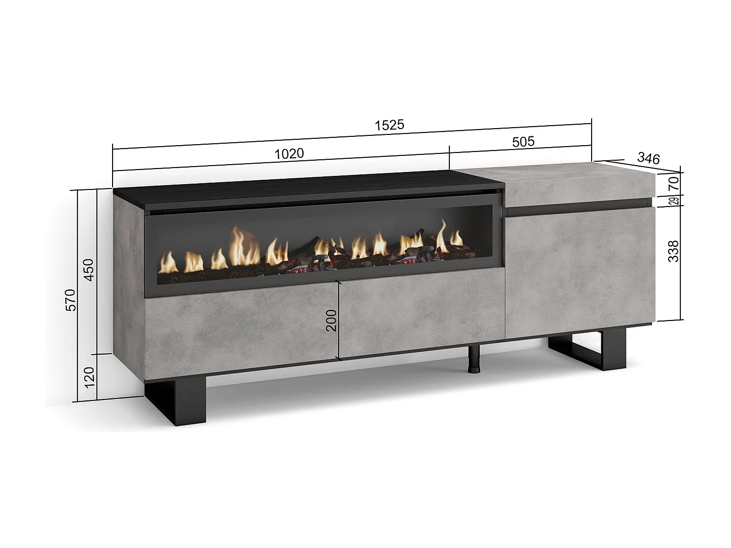 Meuble TV, Banc Télé, 150x35x57cm, Pour les TV jusqu'à 65", Cheminée électrique, Design industriel, Ciment