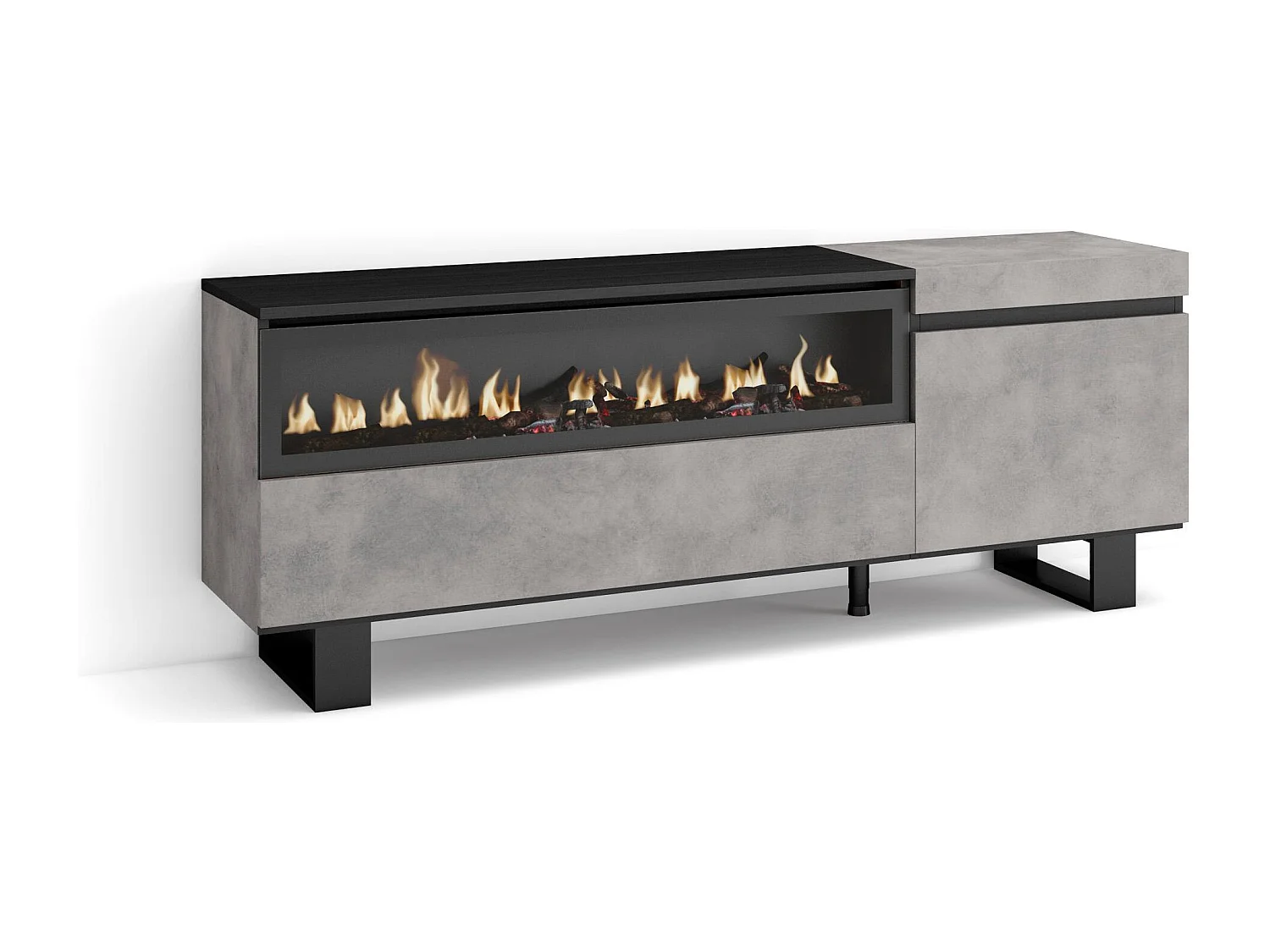 Meuble TV, Banc Télé, 150x35x57cm, Pour les TV jusqu'à 65", Cheminée électrique, Design industriel, Ciment