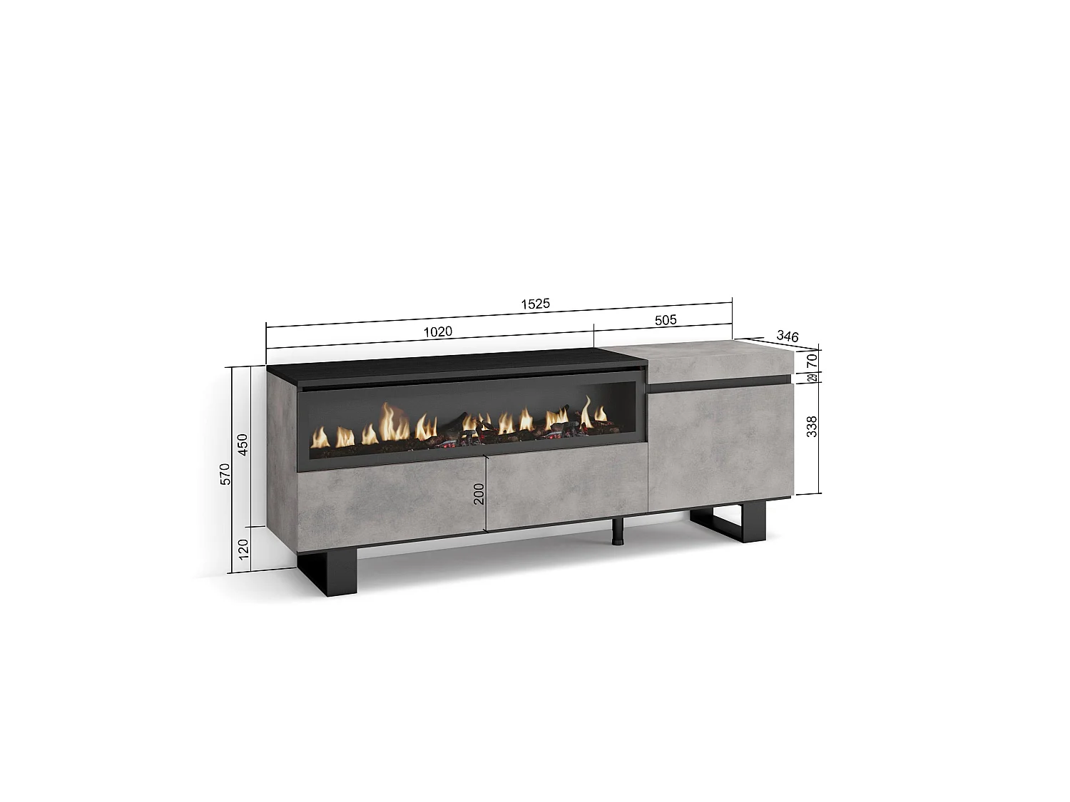 Meuble TV, Banc Télé, 150x35x57cm, Pour les TV jusqu'à 65", Cheminée électrique, Design industriel, Ciment