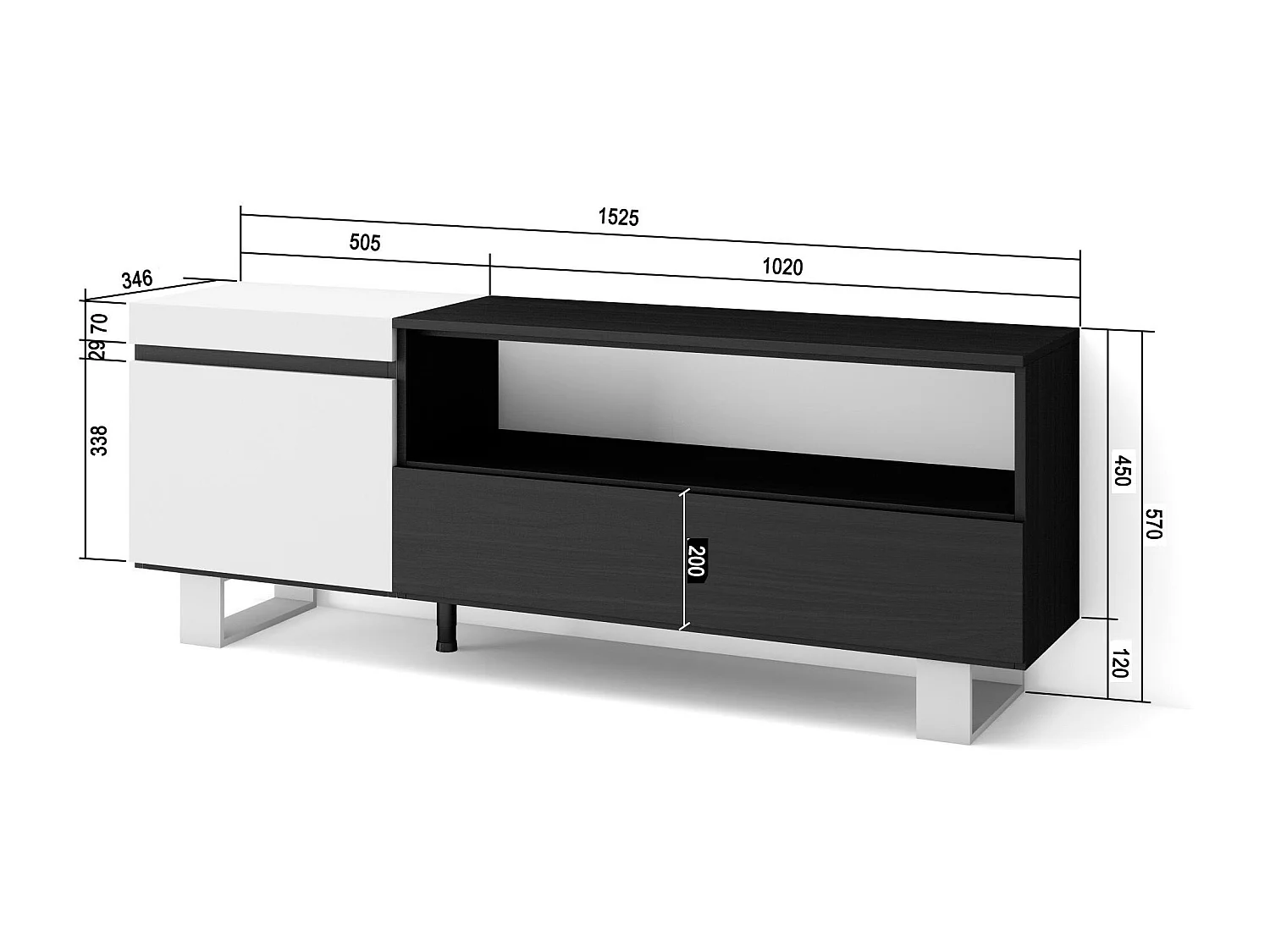 TV-Schrank, Lowboard, 150x35x57cm, Für TV-Geräte bis zu 65", Industriedesign, Weiß und Schwarz