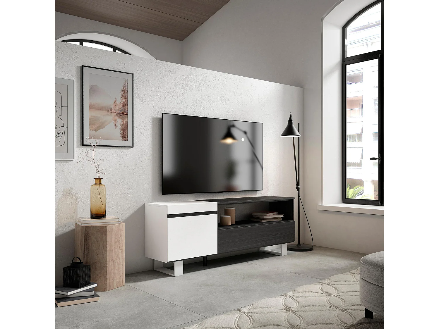Meuble TV, Banc Télé, 150x35x57cm, Pour les TV jusqu'à 65", Design industriel, Blanc et noir