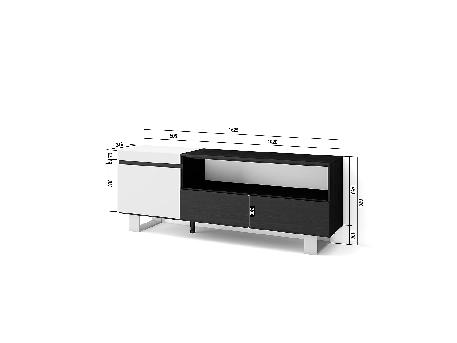 Meuble TV, Banc Télé, 150x35x57cm, Pour les TV jusqu'à 65", Design industriel, Blanc et noir