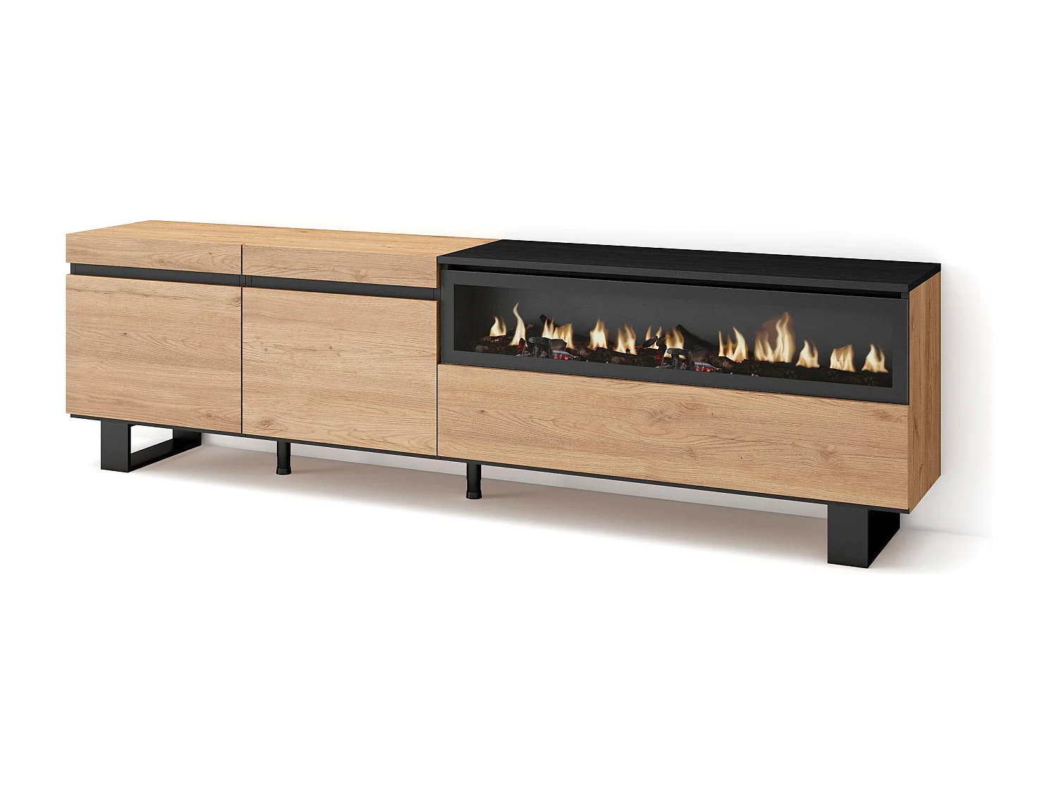 TV-Meubel, Lowboard, 200x35x57cm, Voor tv's tot 80", Elektrische haard, Industrieel design, Eiken/Zwart