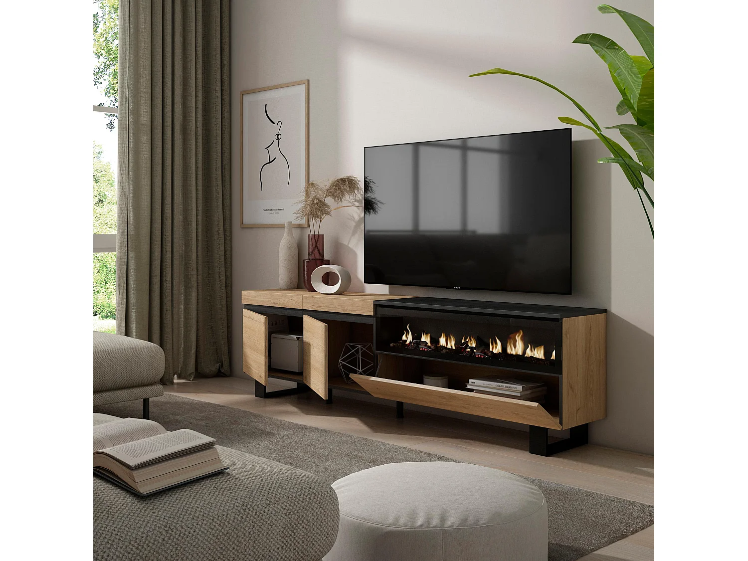 TV-Meubel, Lowboard, 200x35x57cm, Voor tv's tot 80", Elektrische haard, Industrieel design, Eiken/Zwart