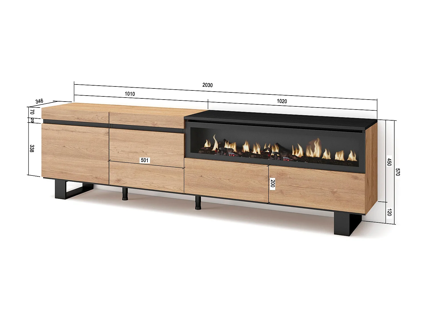 TV-Meubel, Lowboard, 200x35x57cm, Voor tv's tot 80", Elektrische haard, Industrieel design, Eiken/Zwart