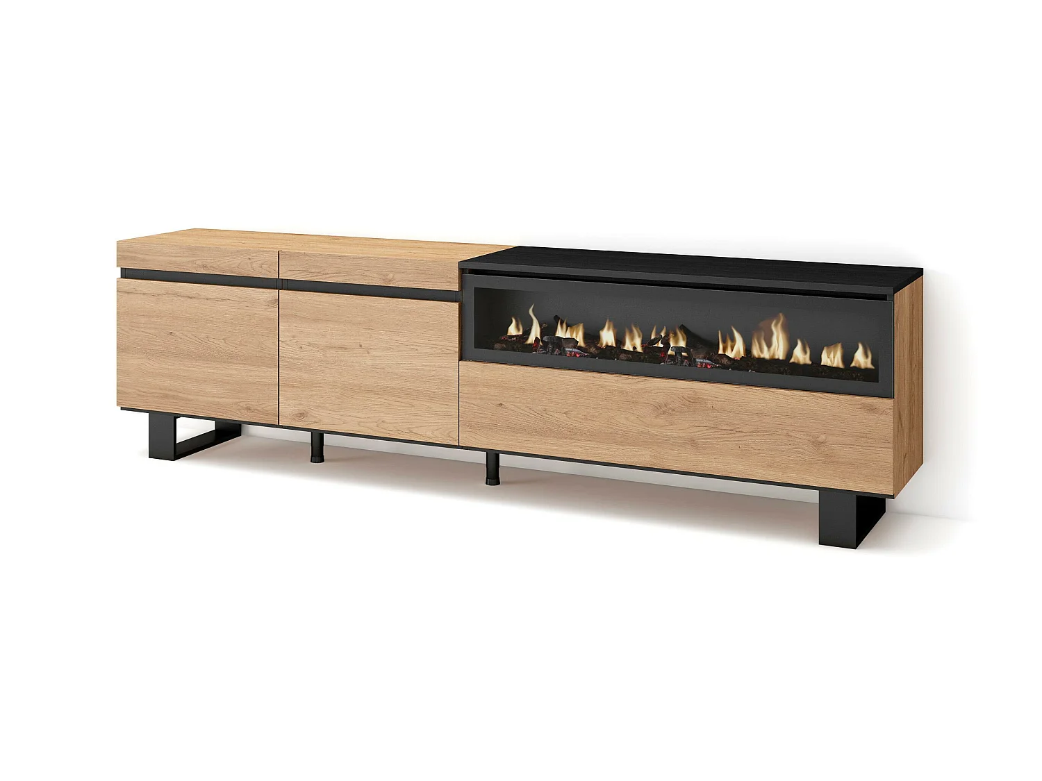 Meuble TV, Banc Télé, 200x35x57cm, Pour les TV jusqu'à 80", Cheminée électrique, Design industriel, Chêne et noir