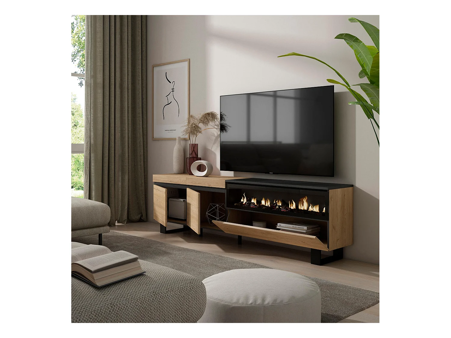 TV-Meubel, Lowboard, 200x35x57cm, Voor tv's tot 80", Elektrische haard, Industrieel design, Eiken/Zwart