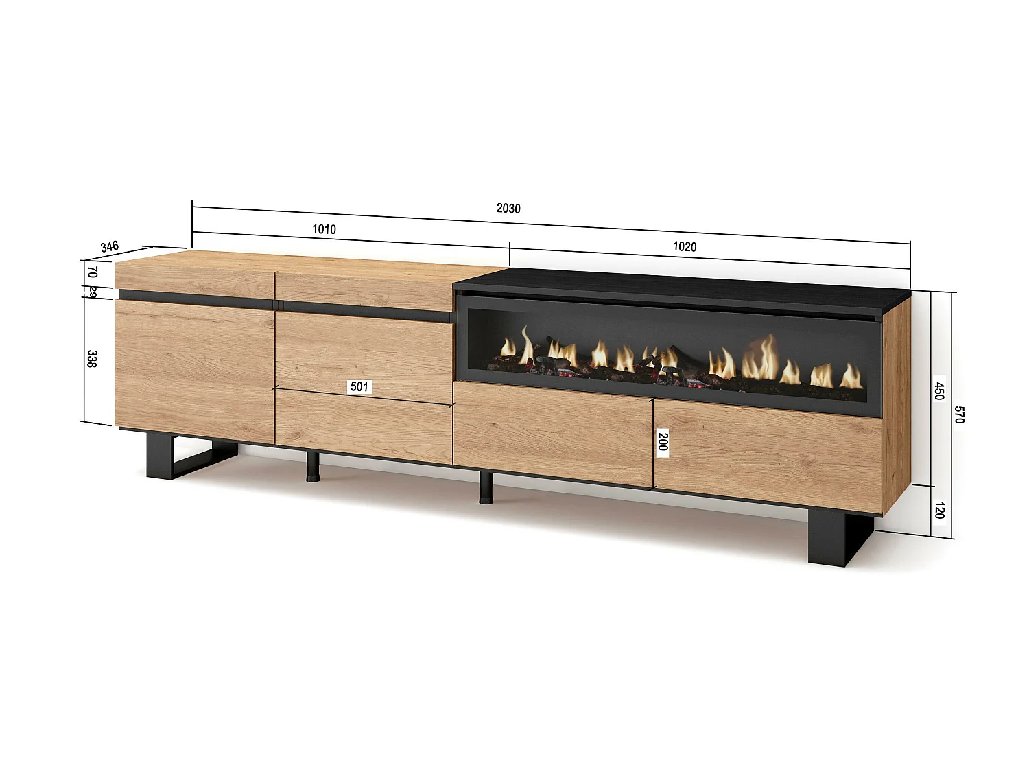 TV-Meubel, Lowboard, 200x35x57cm, Voor tv's tot 80", Elektrische haard, Industrieel design, Eiken/Zwart