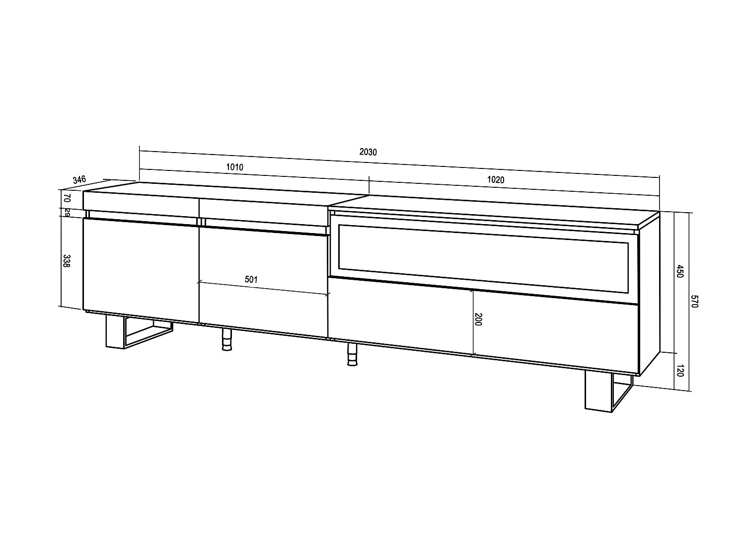 TV-Meubel, Lowboard, 200x35x57cm, Voor tv's tot 80", Elektrische haard, Industrieel design, Eiken/Zwart