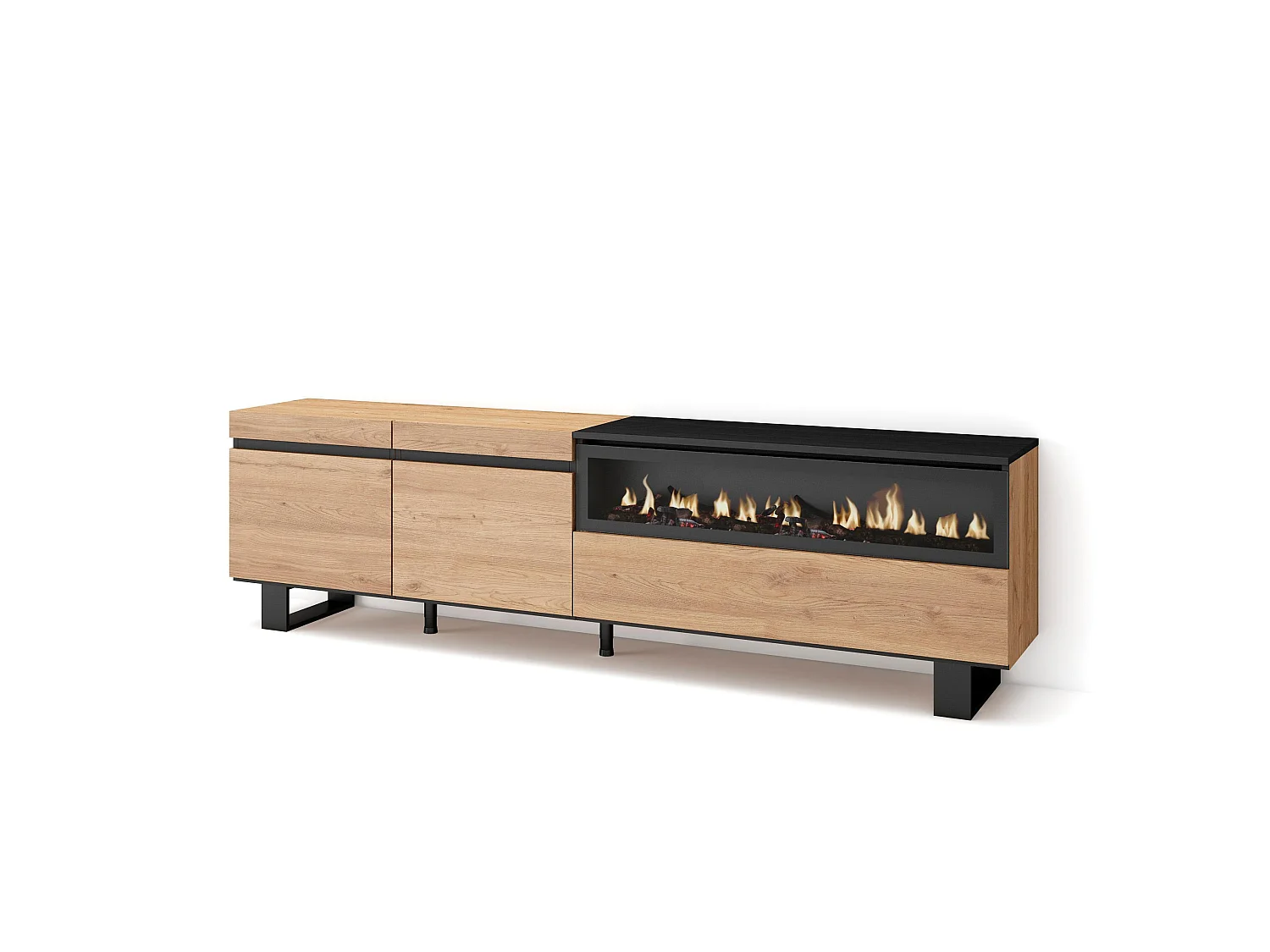 TV-Meubel, Lowboard, 200x35x57cm, Voor tv's tot 80", Elektrische haard, Industrieel design, Eiken/Zwart