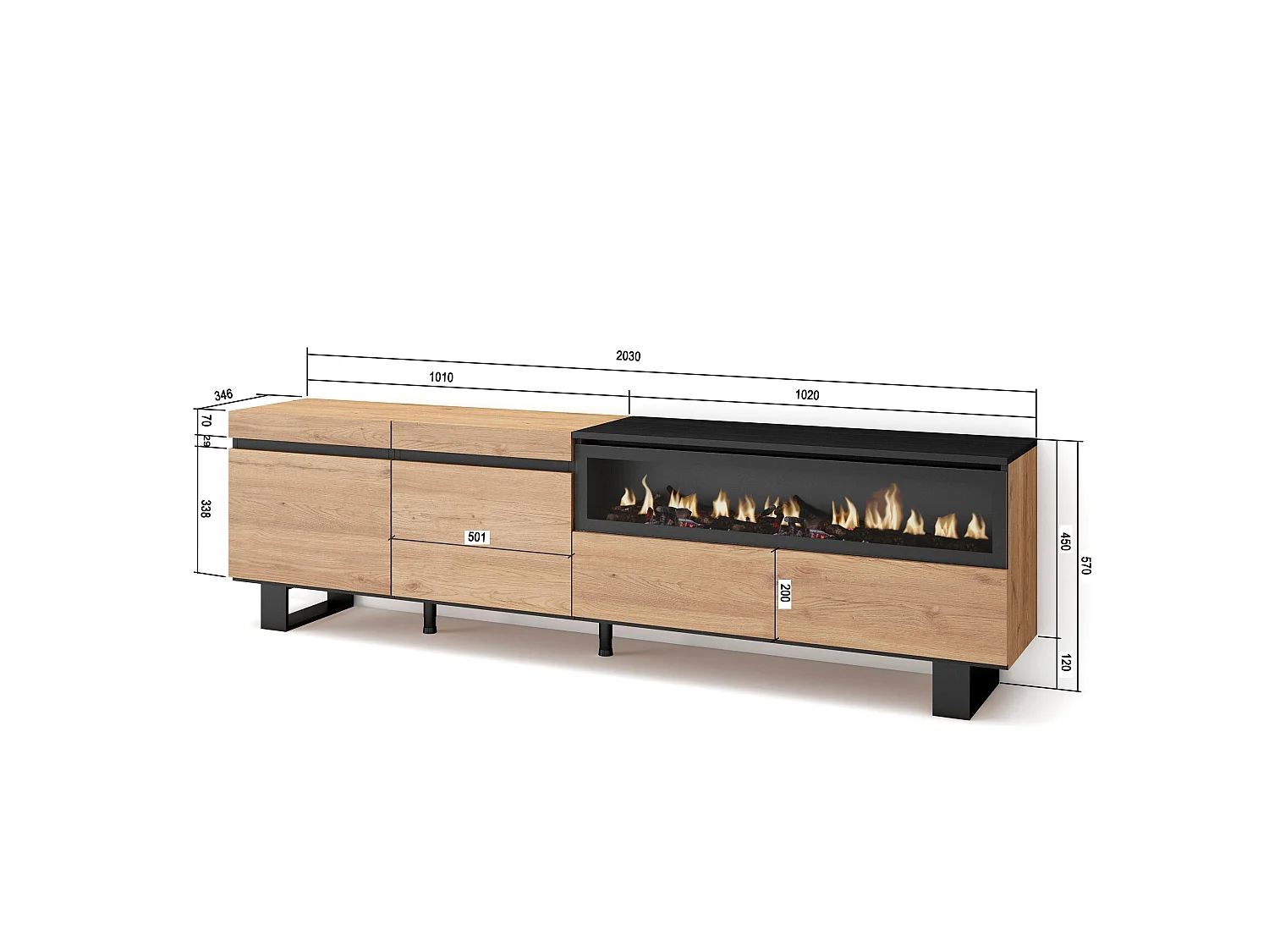 TV-Meubel, Lowboard, 200x35x57cm, Voor tv's tot 80", Elektrische haard, Industrieel design, Eiken/Zwart