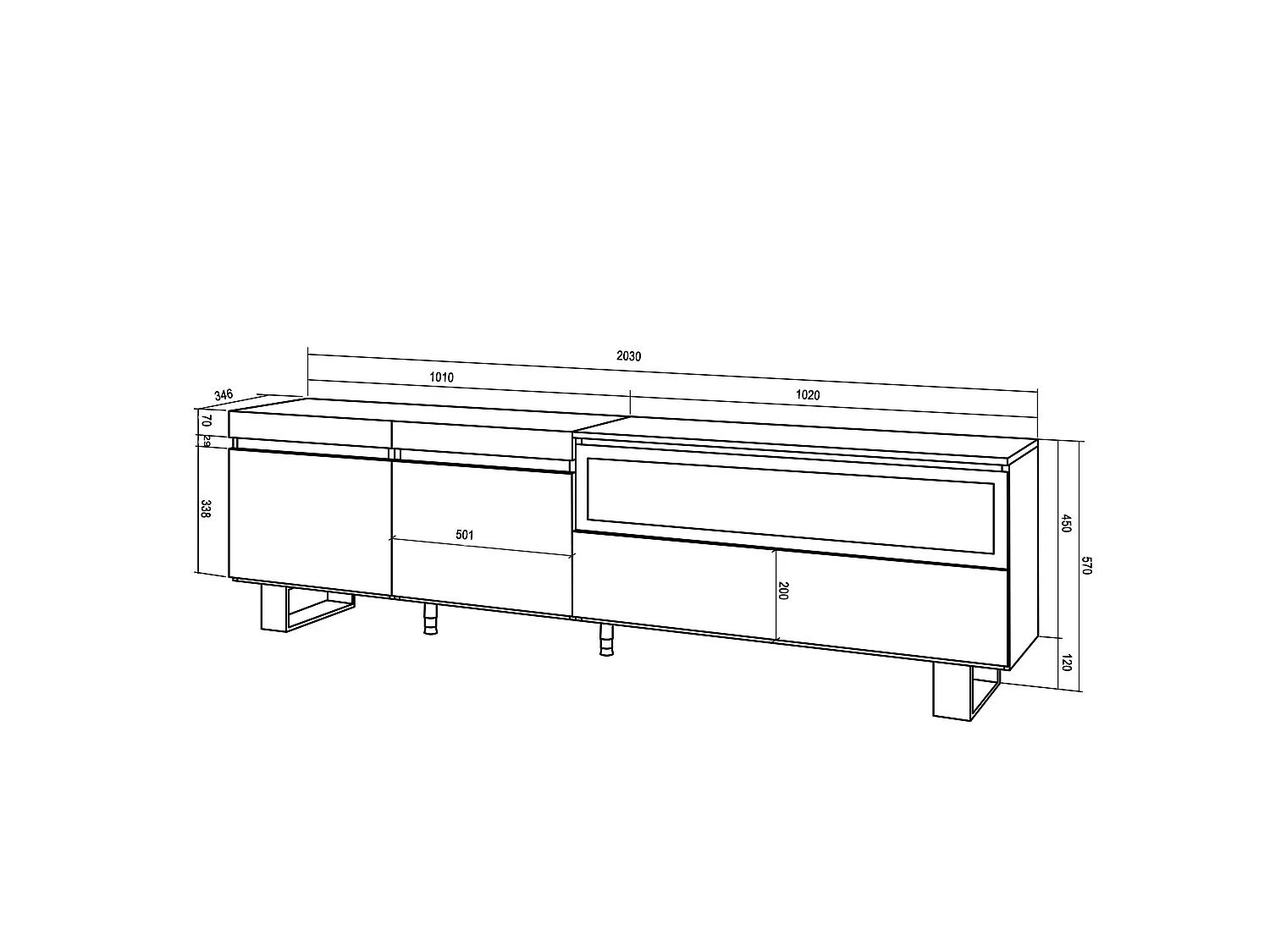 TV-Meubel, Lowboard, 200x35x57cm, Voor tv's tot 80", Elektrische haard, Industrieel design, Eiken/Zwart
