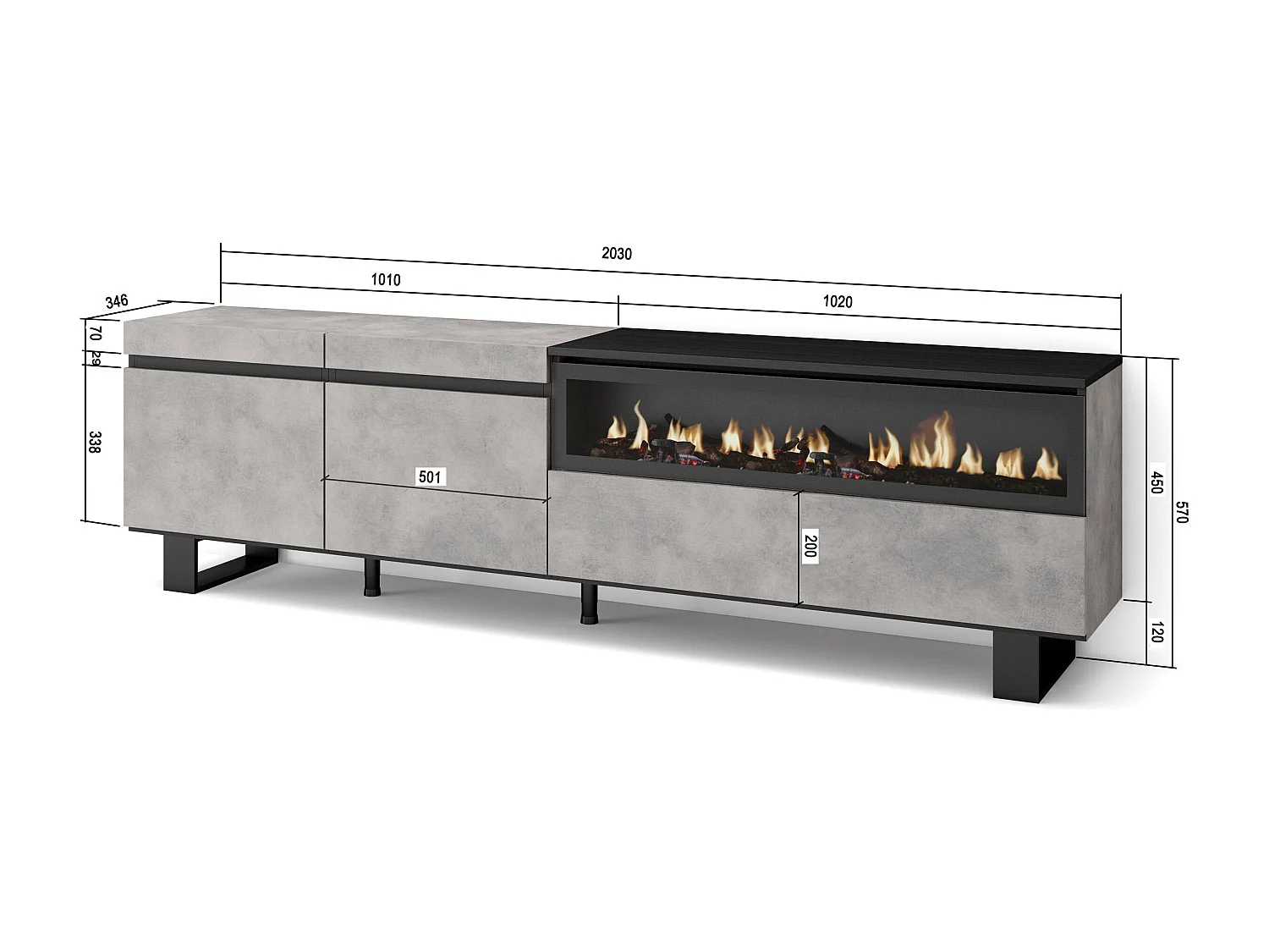 Mobile TV Soggiorno, 200x35x57cm, Per TV fino a 80", Camino elettrico, Design industriale, Cemento