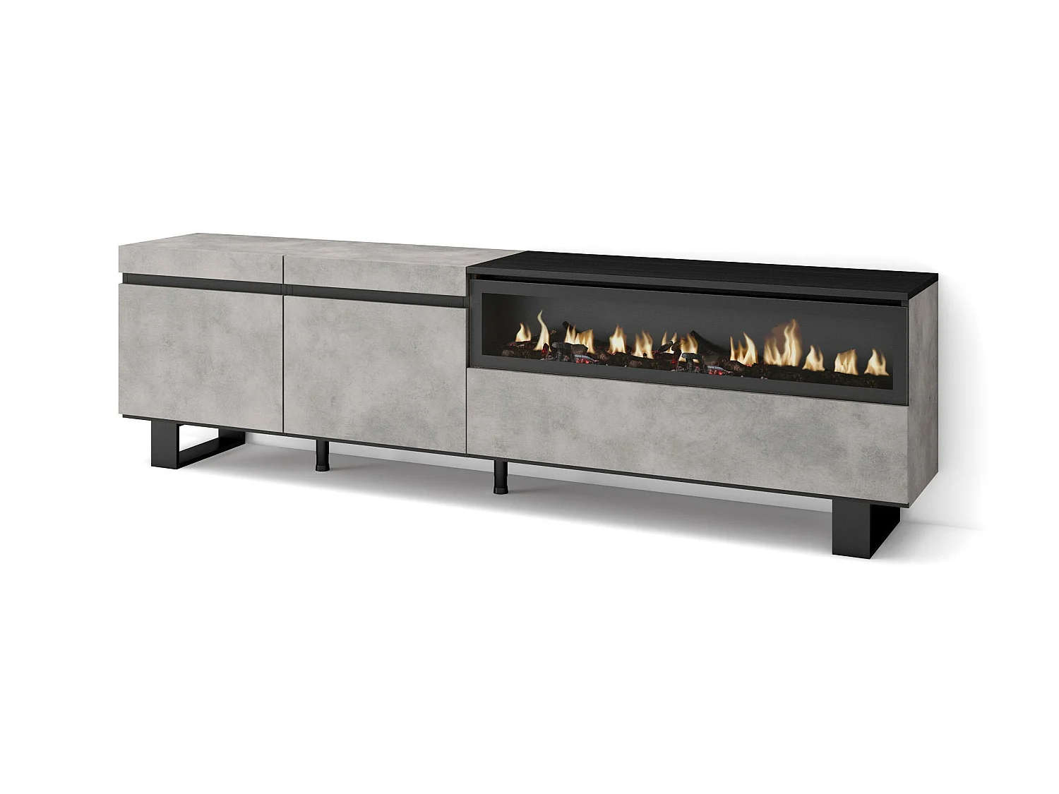 Meuble TV, Banc Télé, 200x35x57cm, Pour les TV jusqu'à 80", Cheminée électrique, Design industriel, Ciment