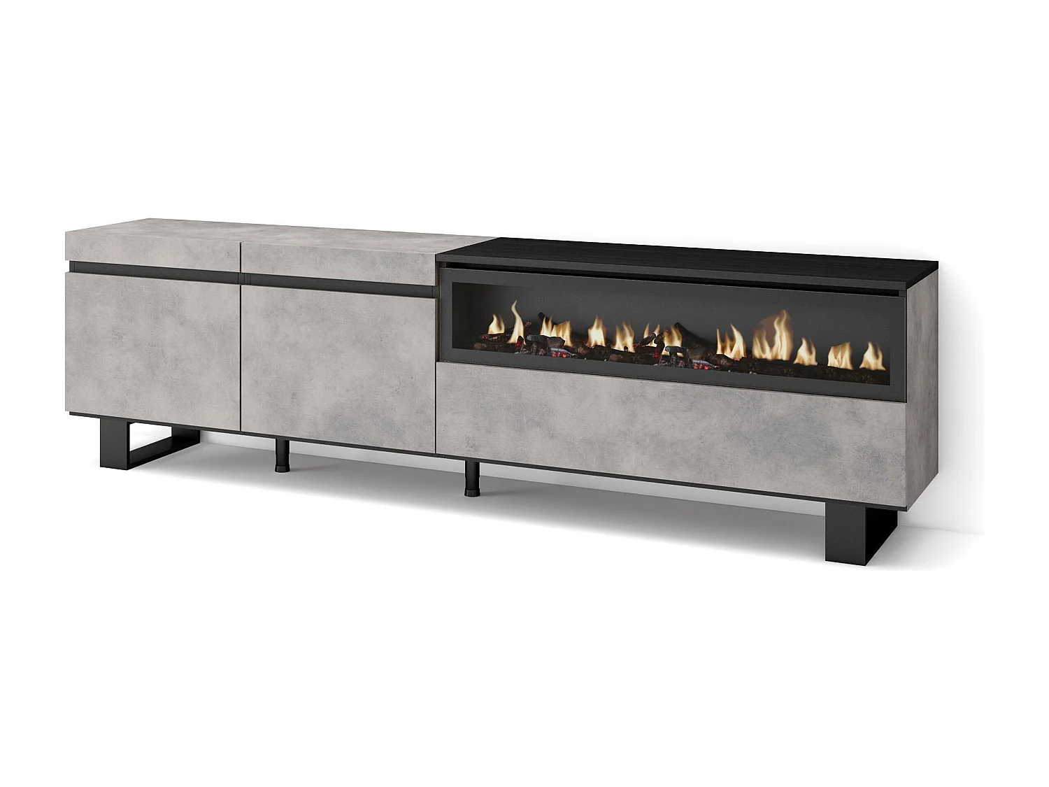 Meuble TV, Banc Télé, 200x35x57cm, Pour les TV jusqu'à 80", Cheminée électrique, Design industriel, Ciment