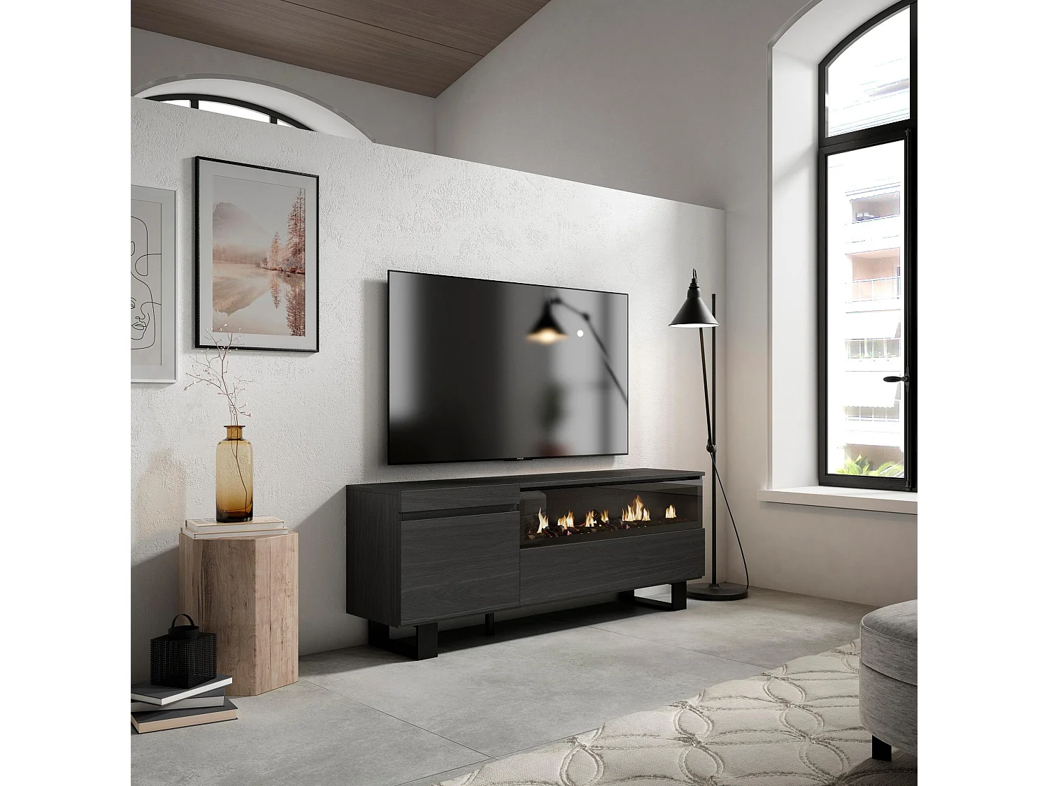 TV-Meubel, Lowboard, 150x35x57cm, Voor tv's tot 65", Elektrische haard, Industrieel design, Zwart