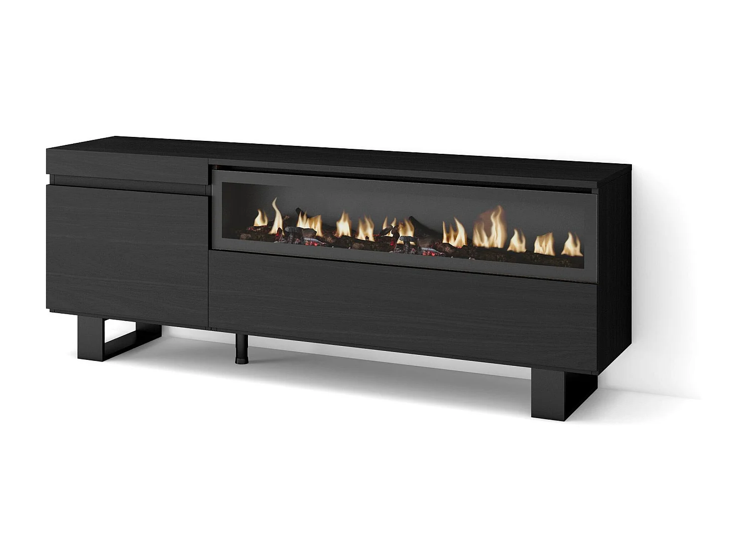 TV-Meubel, Lowboard, 150x35x57cm, Voor tv's tot 65", Elektrische haard, Industrieel design, Zwart