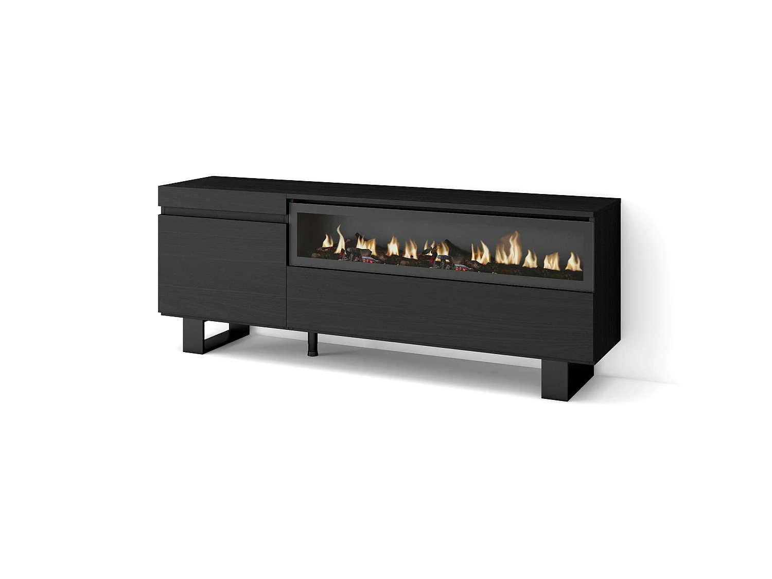 Meuble TV, Banc Télé, 150x35x57cm, Pour les TV jusqu'à 65", Cheminée électrique, Design industriel, Noir