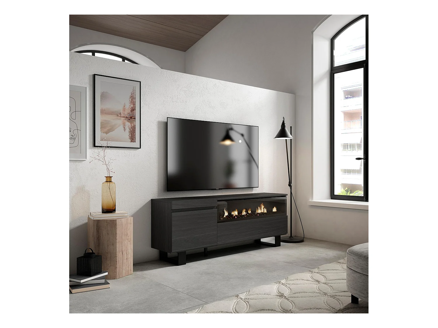 TV-Meubel, Lowboard, 150x35x57cm, Voor tv's tot 65", Elektrische haard, Industrieel design, Zwart