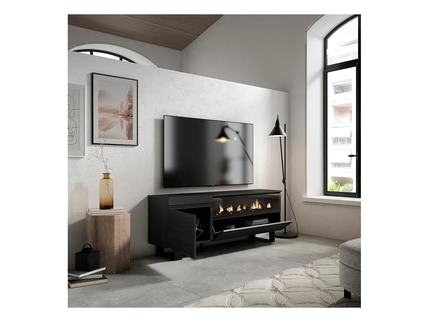 TV-Meubel, Lowboard, 150x35x57cm, Voor tv's tot 65", Elektrische haard, Industrieel design, Zwart