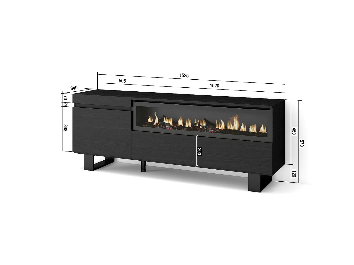 TV-Meubel, Lowboard, 150x35x57cm, Voor tv's tot 65", Elektrische haard, Industrieel design, Zwart