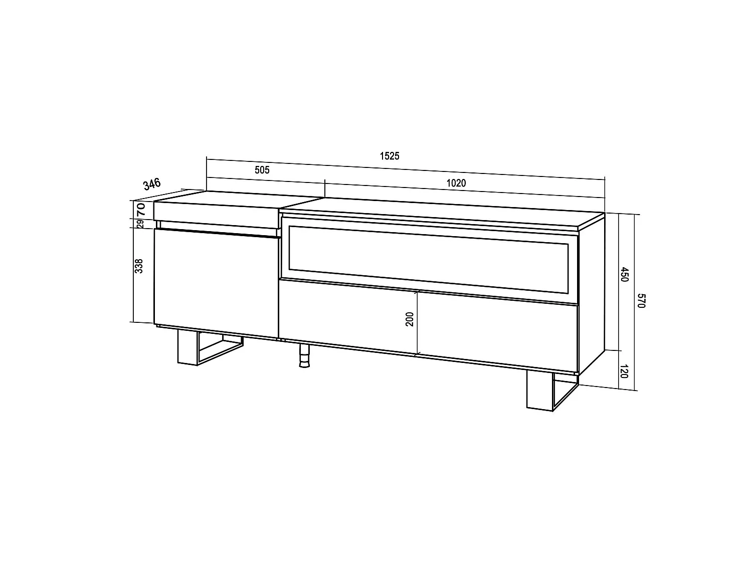 TV-Meubel, Lowboard, 150x35x57cm, Voor tv's tot 65", Elektrische haard, Industrieel design, Zwart