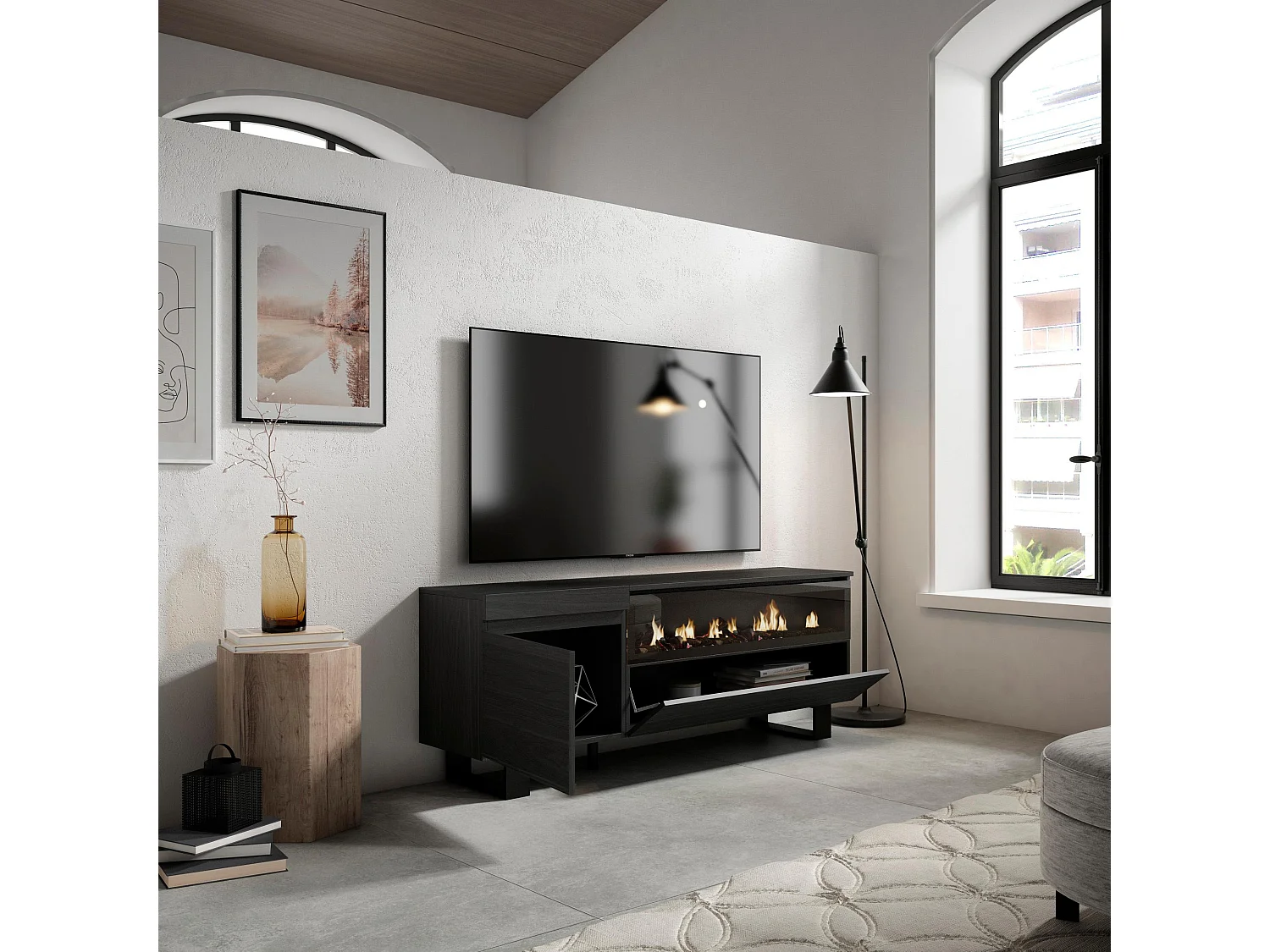 Meuble TV, Banc Télé, 150x35x57cm, Pour les TV jusqu'à 65", Cheminée électrique, Design industriel, Noir