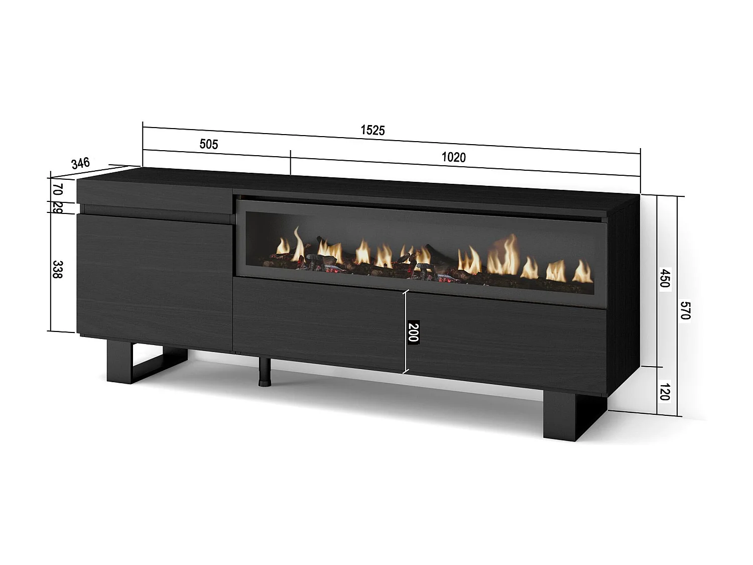 Meuble TV, Banc Télé, 150x35x57cm, Pour les TV jusqu'à 65", Cheminée électrique, Design industriel, Noir