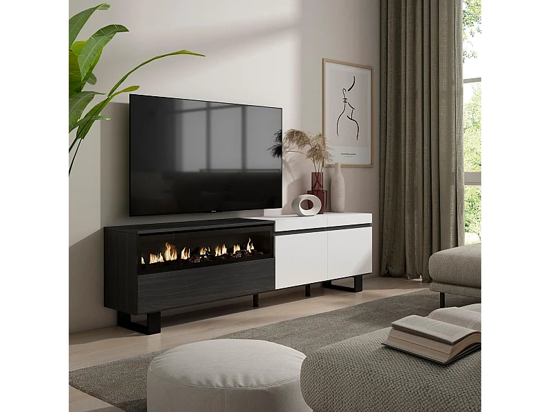 TV-Schrank, Lowboard, 200x35x57cm, Für TV-Geräte bis zu 80", Elektrokamin, Industriedesign, Weiß und Schwarz