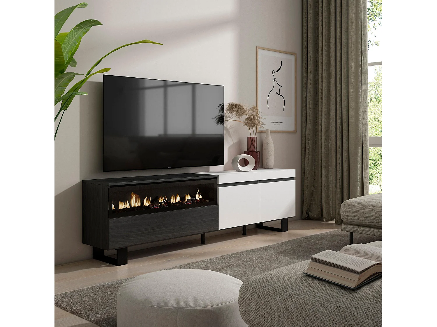 TV-Schrank, Lowboard, 200x35x57cm, Für TV-Geräte bis zu 80", Elektrokamin, Industriedesign, Weiß und Schwarz