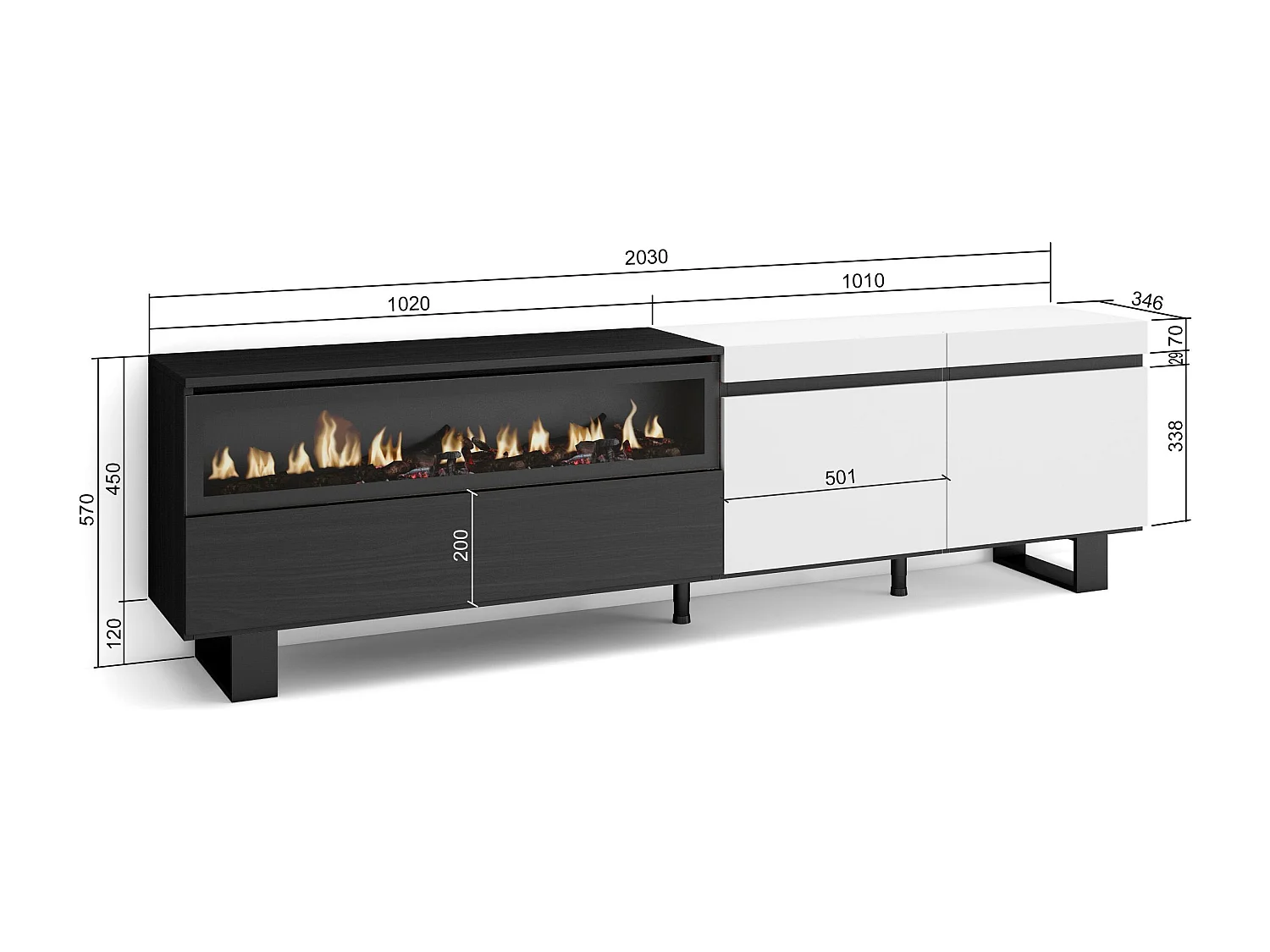 TV-Schrank, Lowboard, 200x35x57cm, Für TV-Geräte bis zu 80", Elektrokamin, Industriedesign, Weiß und Schwarz