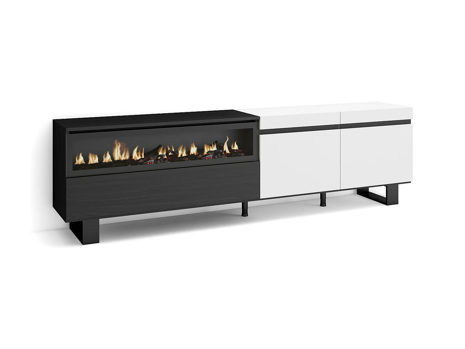 Meuble TV, Banc Télé, 200x35x57cm, Pour les TV jusqu'à 80", Cheminée électrique, Design industriel, Blanc et noir