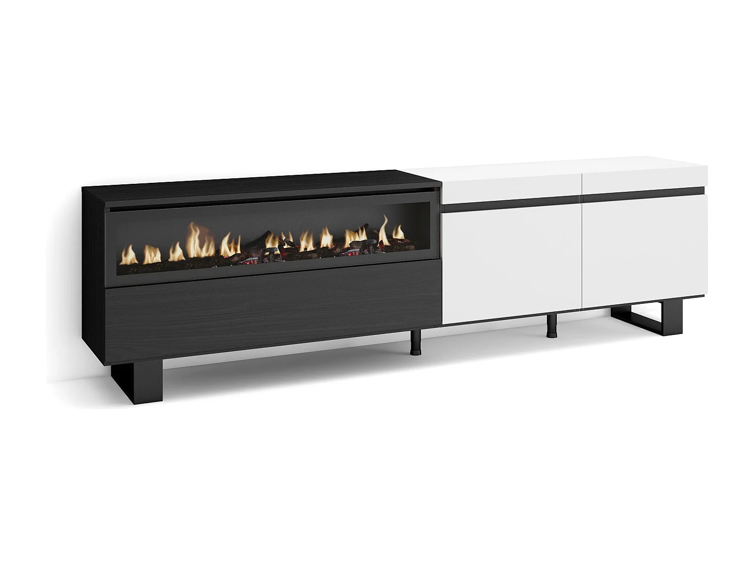 Meuble TV, Banc Télé, 200x35x57cm, Pour les TV jusqu'à 80", Cheminée électrique, Design industriel, Blanc et noir